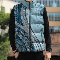Bula Fiji Vintage Tapa Sleeveless Puffer Jacket Kaivity Masi Wave Motifs - Turquoise LT7 - Polynesian Pride