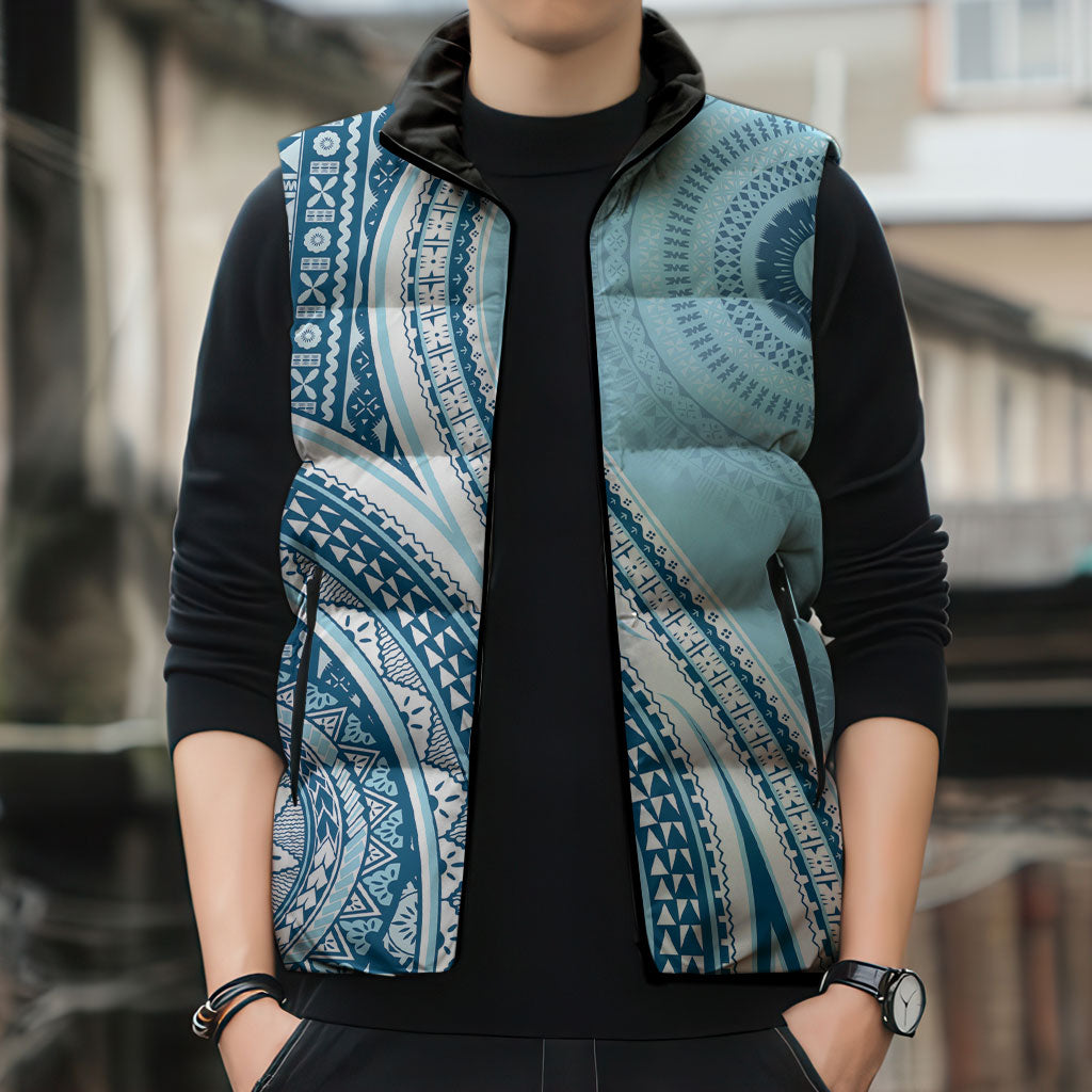 Bula Fiji Vintage Tapa Sleeveless Puffer Jacket Kaivity Masi Wave Motifs - Turquoise LT7 - Polynesian Pride