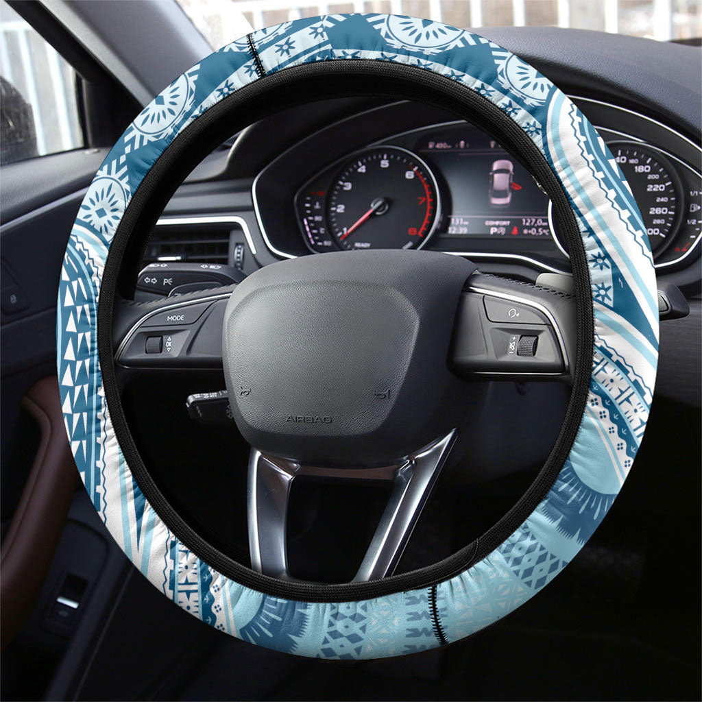 Bula Fiji Vintage Tapa Steering Wheel Cover Kaivity Masi Wave Motifs - Turquoise LT7 - Polynesian Pride