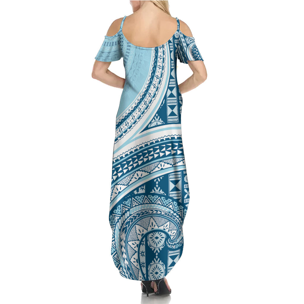 Bula Fiji Vintage Tapa Summer Maxi Dress Kaivity Masi Wave Motifs - Turquoise LT7 - Polynesian Pride