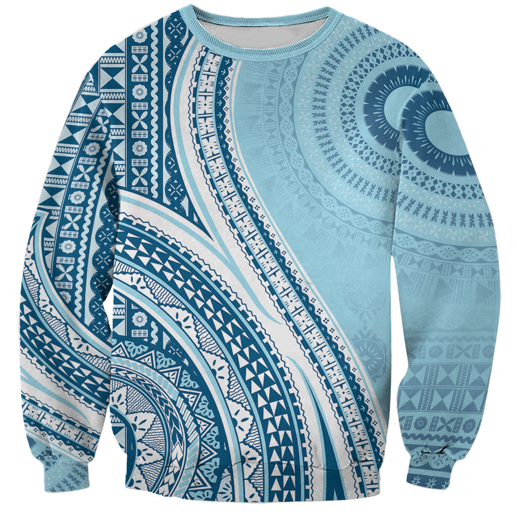 Bula Fiji Vintage Tapa Sweatshirt Kaivity Masi Wave Motifs - Turquoise LT7 Unisex Turquoise - Polynesian Pride