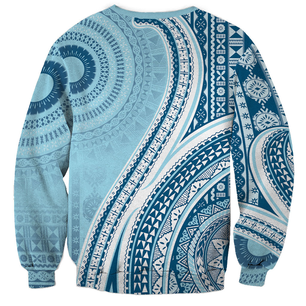 Bula Fiji Vintage Tapa Sweatshirt Kaivity Masi Wave Motifs - Turquoise LT7 - Polynesian Pride