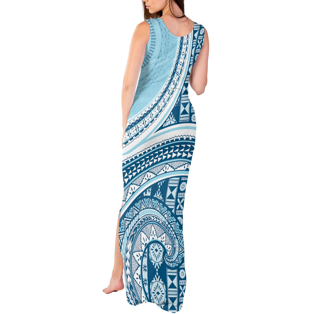 Bula Fiji Vintage Tapa Tank Maxi Dress Kaivity Masi Wave Motifs - Turquoise LT7 - Polynesian Pride