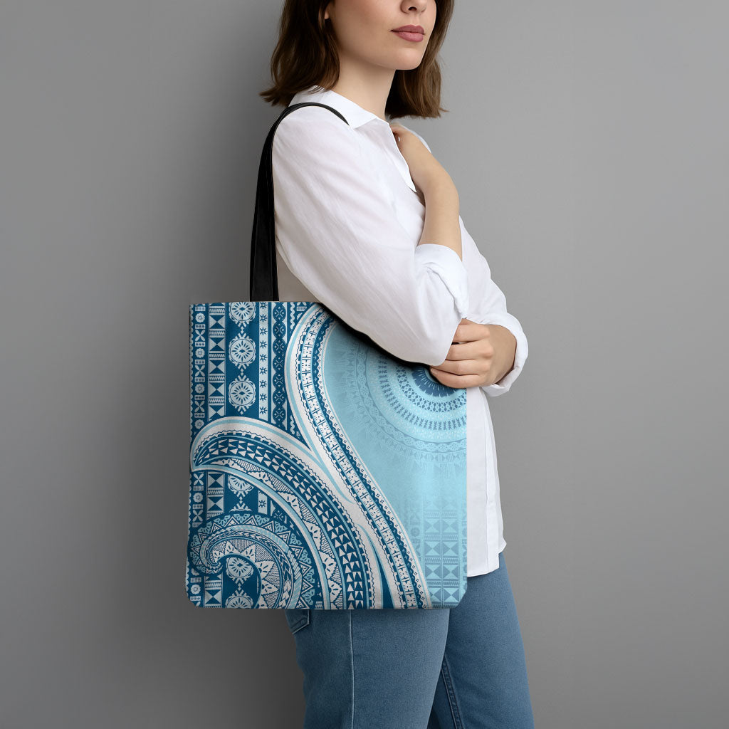 Bula Fiji Vintage Tapa Tote Bag Kaivity Masi Wave Motifs - Turquoise LT7 - Polynesian Pride