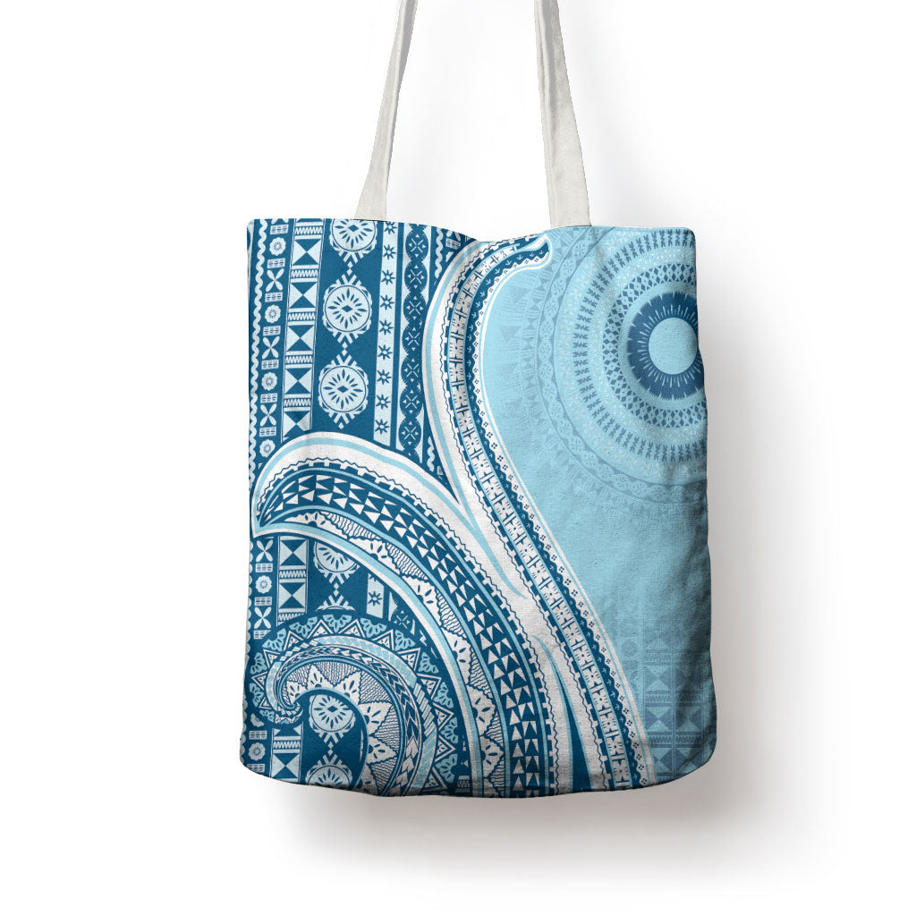 Bula Fiji Vintage Tapa Tote Bag Kaivity Masi Wave Motifs - Turquoise LT7 - Polynesian Pride