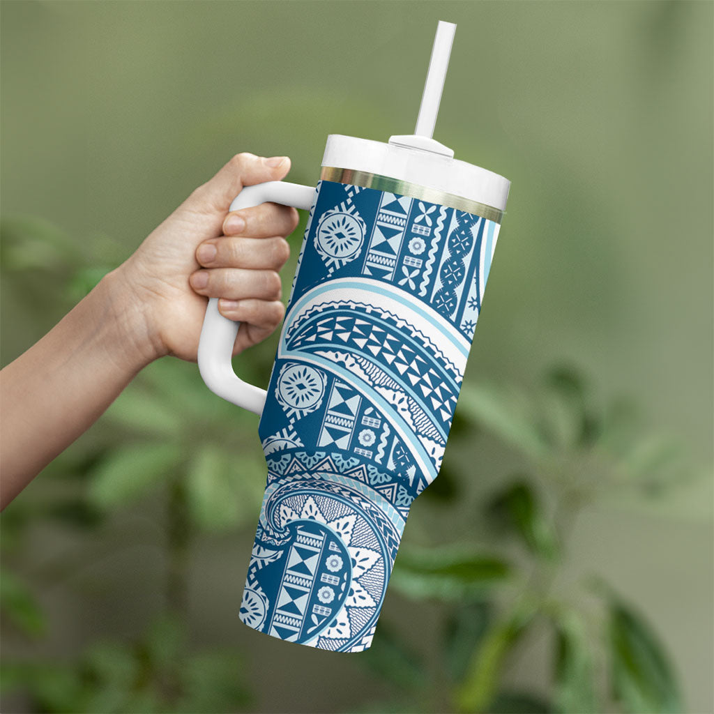 Bula Fiji Vintage Tapa Tumbler With Handle Kaivity Masi Wave Motifs - Turquoise LT7 - Polynesian Pride