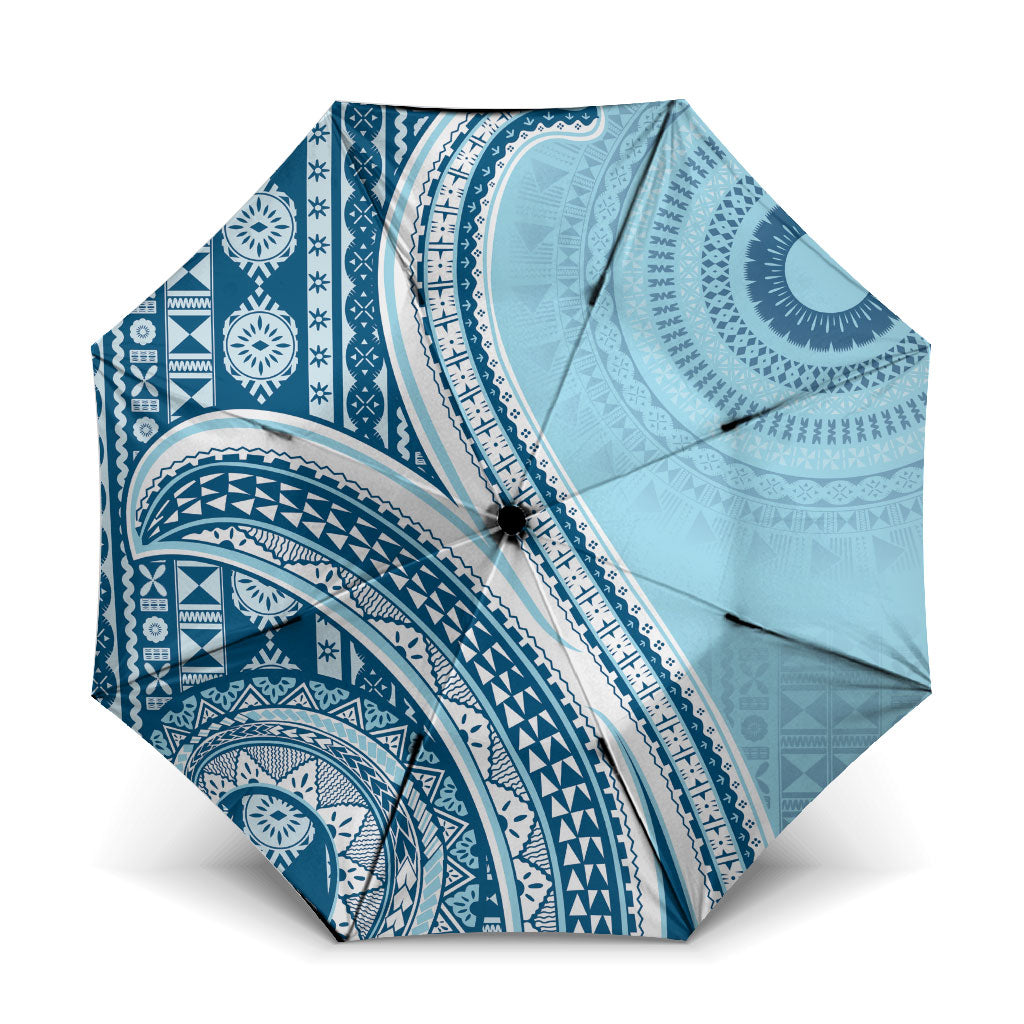Bula Fiji Vintage Tapa Umbrella Kaivity Masi Wave Motifs - Turquoise