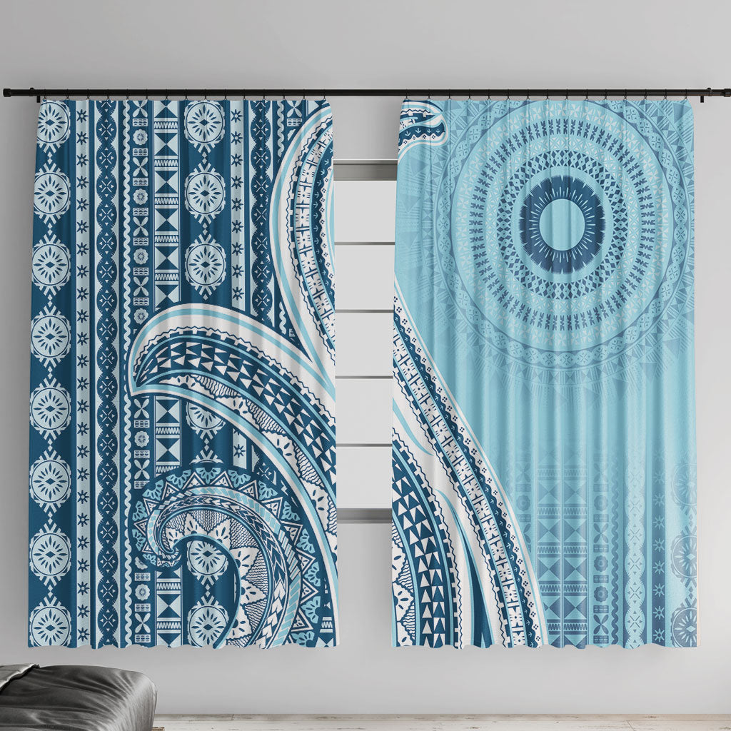 Bula Fiji Vintage Tapa Window Curtain Kaivity Masi Wave Motifs - Turquoise