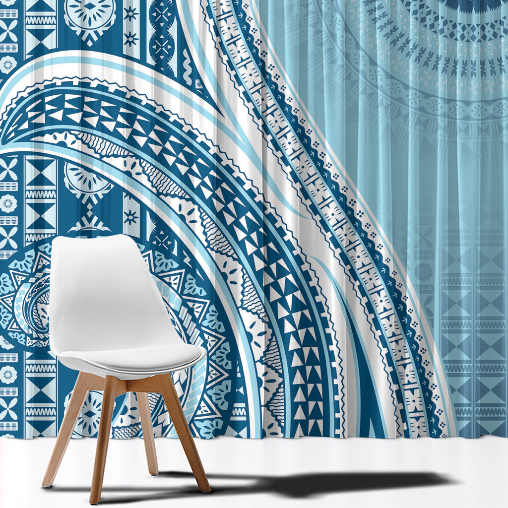 Bula Fiji Vintage Tapa Window Curtain Kaivity Masi Wave Motifs - Turquoise