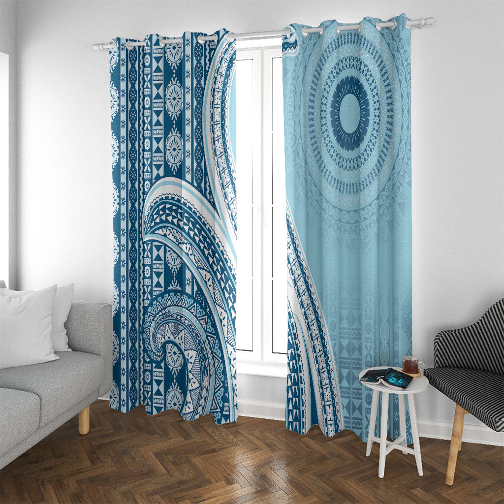 Bula Fiji Vintage Tapa Window Curtain Kaivity Masi Wave Motifs - Turquoise