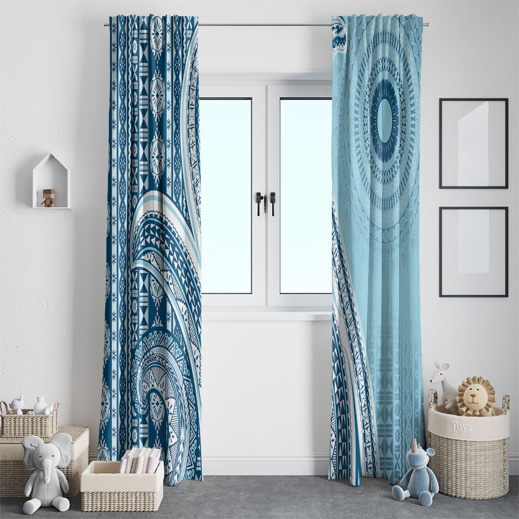 Bula Fiji Vintage Tapa Window Curtain Kaivity Masi Wave Motifs - Turquoise