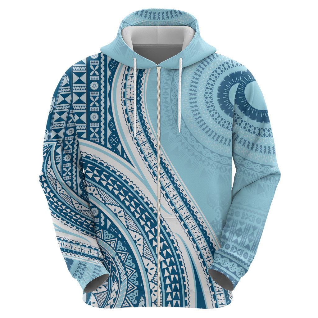 Bula Fiji Vintage Tapa Zip Hoodie Kaivity Masi Wave Motifs - Turquoise LT7 - Polynesian Pride
