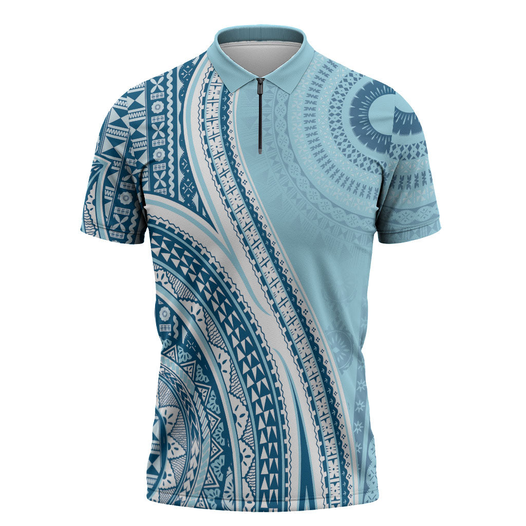 Bula Fiji Vintage Tapa Zipper Polo Shirt Kaivity Masi Wave Motifs - Turquoise LT7 Turquoise - Polynesian Pride