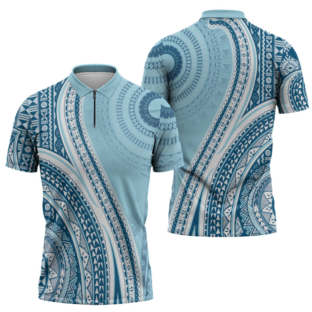 Bula Fiji Vintage Tapa Zipper Polo Shirt Kaivity Masi Wave Motifs - Turquoise LT7 - Polynesian Pride