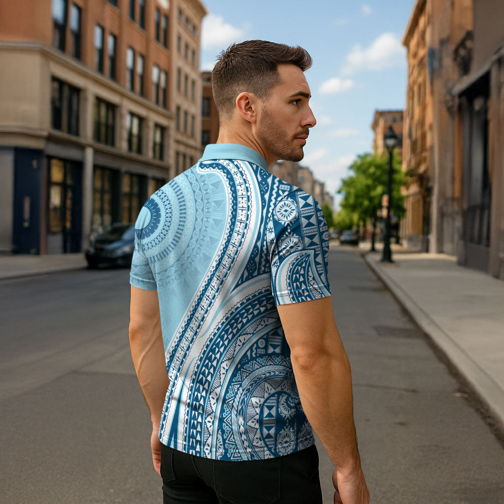 Bula Fiji Vintage Tapa Zipper Polo Shirt Kaivity Masi Wave Motifs - Turquoise LT7 - Polynesian Pride