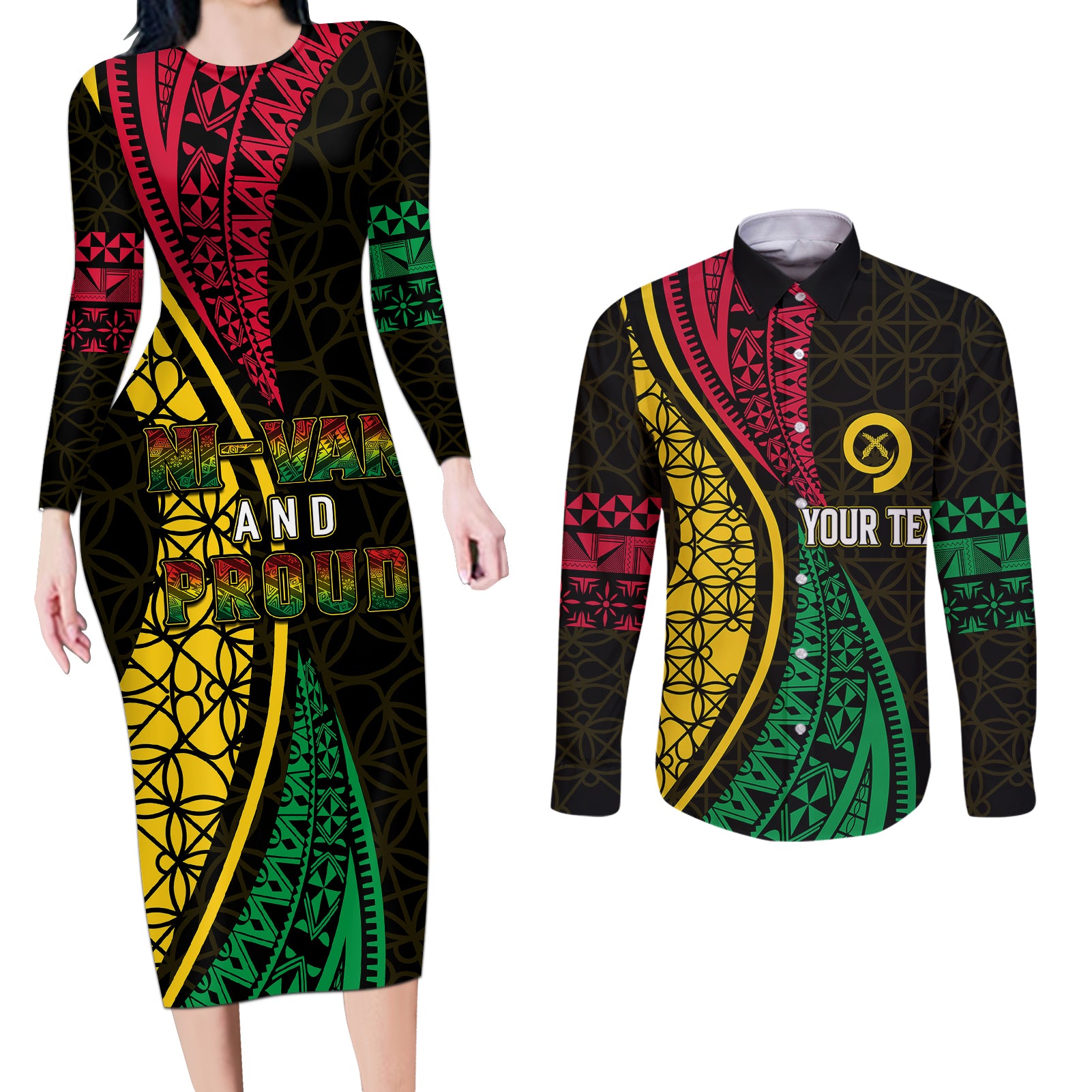 Personalised Vanuatu Couples Matching Long Sleeve Bodycon Dress and Long Sleeve Button Shirts Melanesian Sand Drawing Mixed - Ni Van and Proud LT7 Black - Polynesian Pride