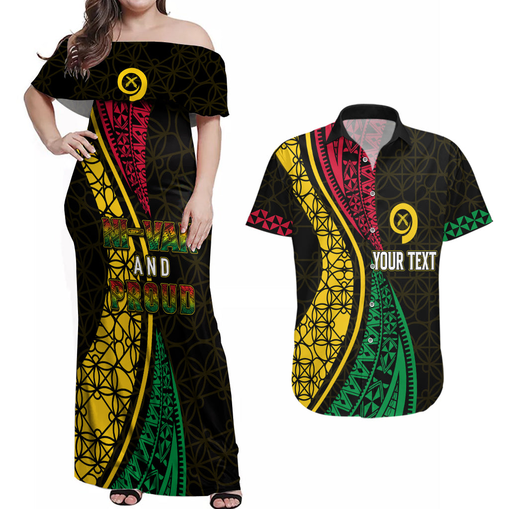 Personalised Vanuatu Couples Matching Off Shoulder Maxi Dress and Hawaiian Shirt Melanesian Sand Drawing Mixed - Ni Van and Proud LT7 Black - Polynesian Pride