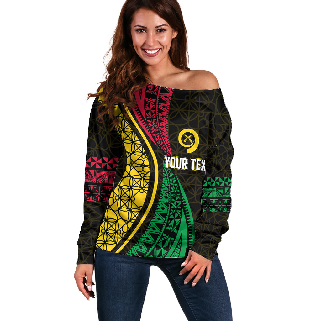 Personalised Vanuatu Off Shoulder Sweater Melanesian Sand Drawing Mixed - Ni Van and Proud LT7 Women Black - Polynesian Pride