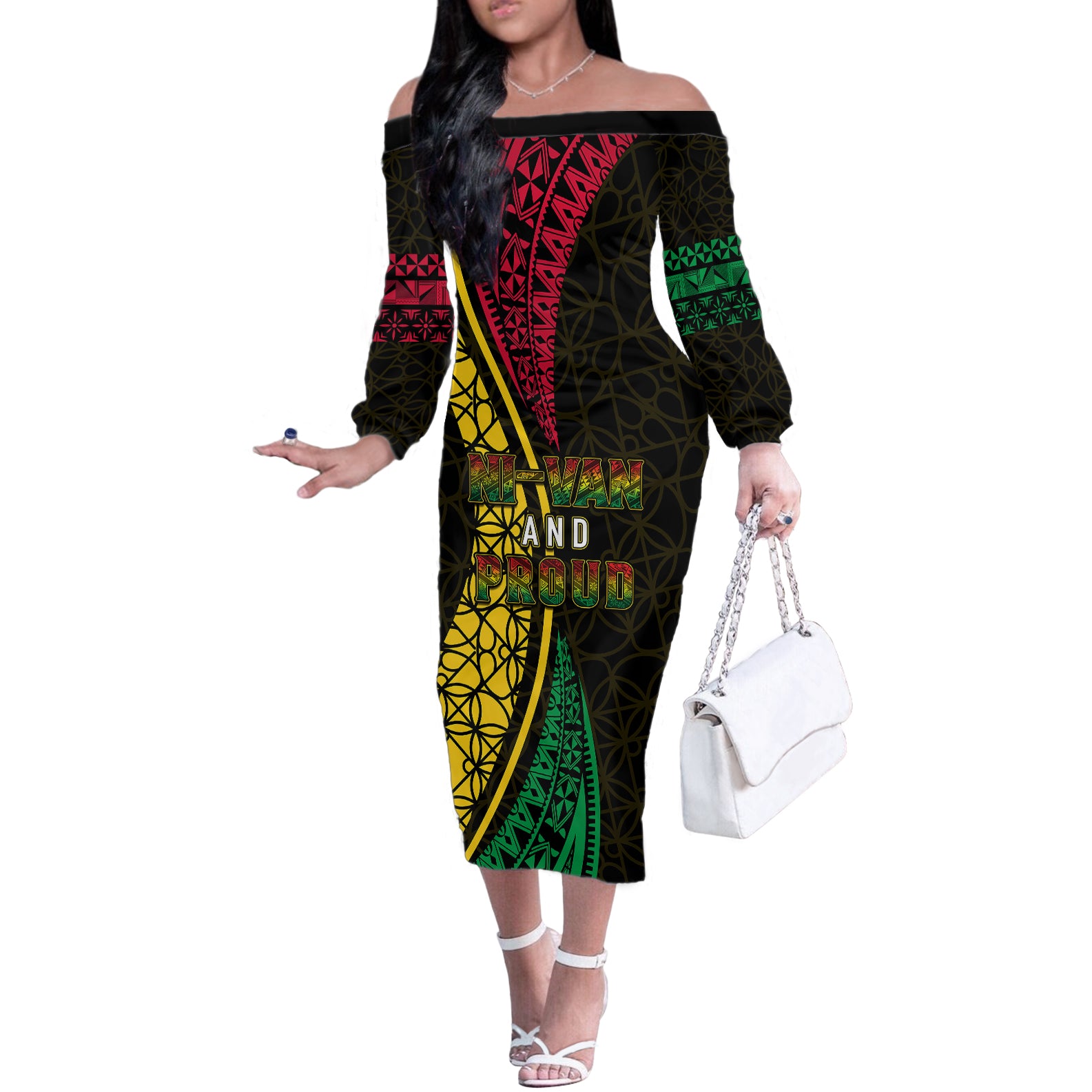 Personalised Vanuatu Off The Shoulder Long Sleeve Dress Melanesian Sand Drawing Mixed - Ni Van and Proud LT7 Women Black - Polynesian Pride