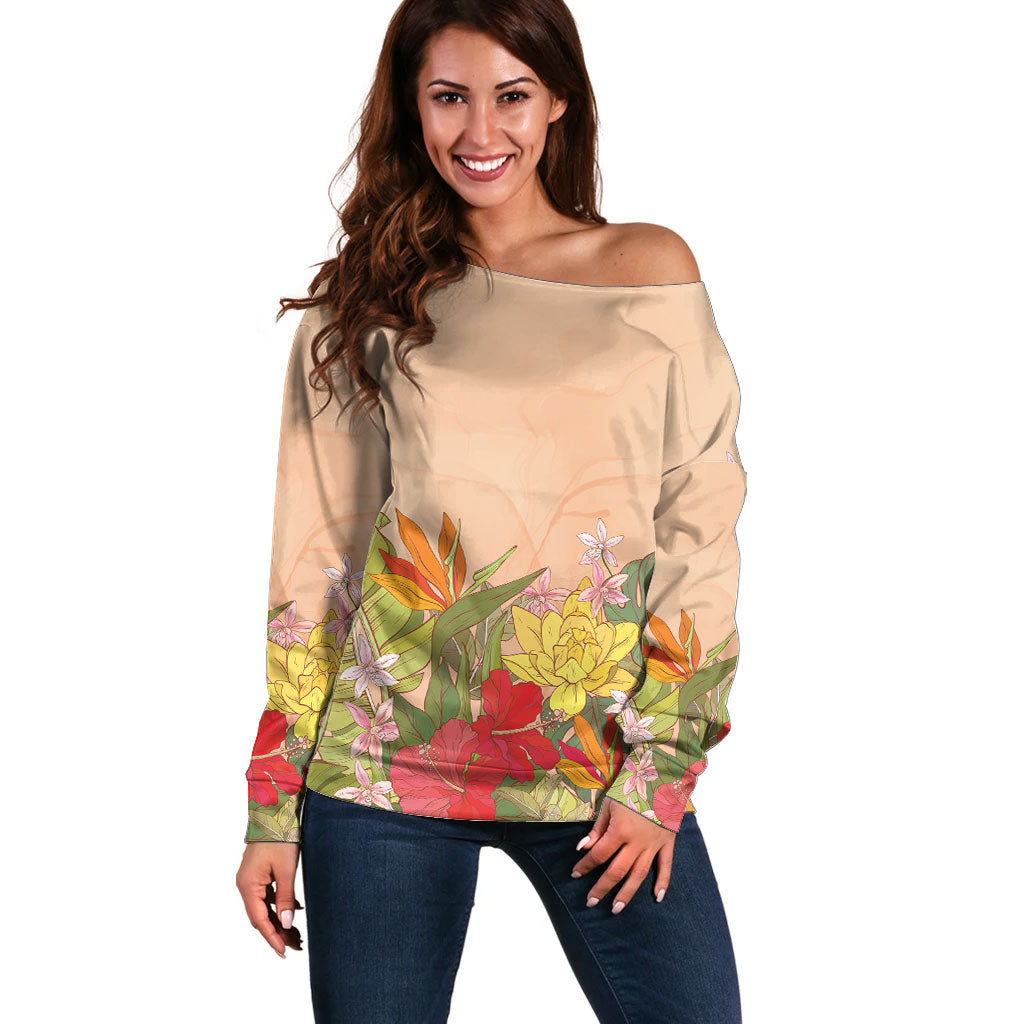 Mahalo Hawaii - Ka Pule a ka Haku Off Shoulder Sweater Tropical Flowers LT7 Women Coral Pink - Polynesian Pride