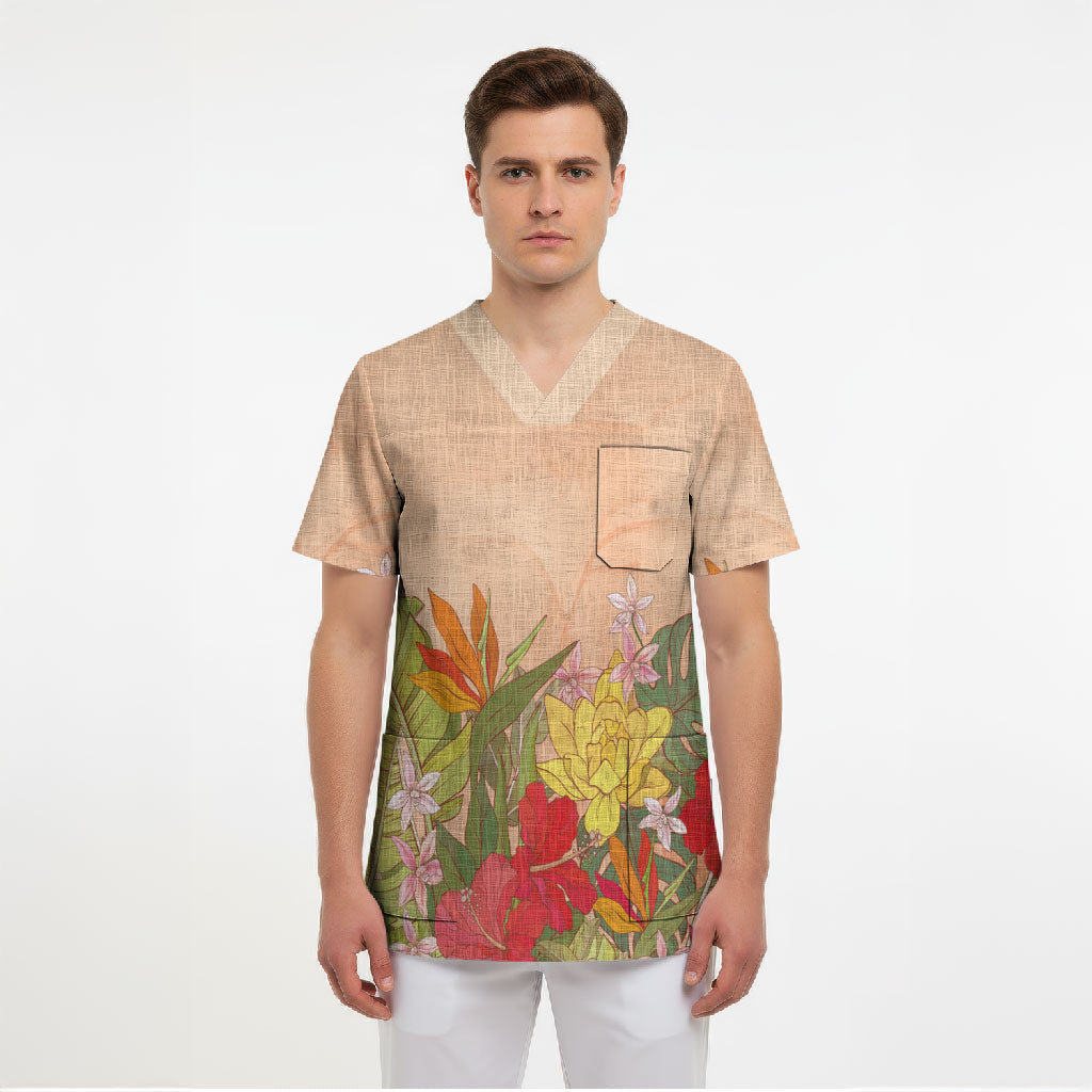Mahalo Hawaii - Ka Pule a ka Haku Scrub Top Tropical Flowers LT7 - Polynesian Pride