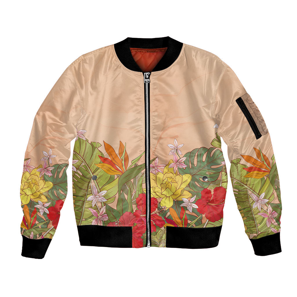 Mahalo Hawaii - Ka Pule a ka Haku Sleeve Zip Bomber Jacket Tropical Flowers LT7 Unisex Coral Pink - Polynesian Pride