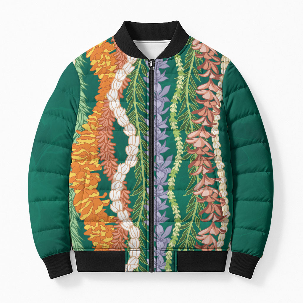 Mahalo Hawaii - Ka Pule a ka Haku Bomber Puffer Jacket Mixed Lei LT7 Unisex Sage Green - Polynesian Pride