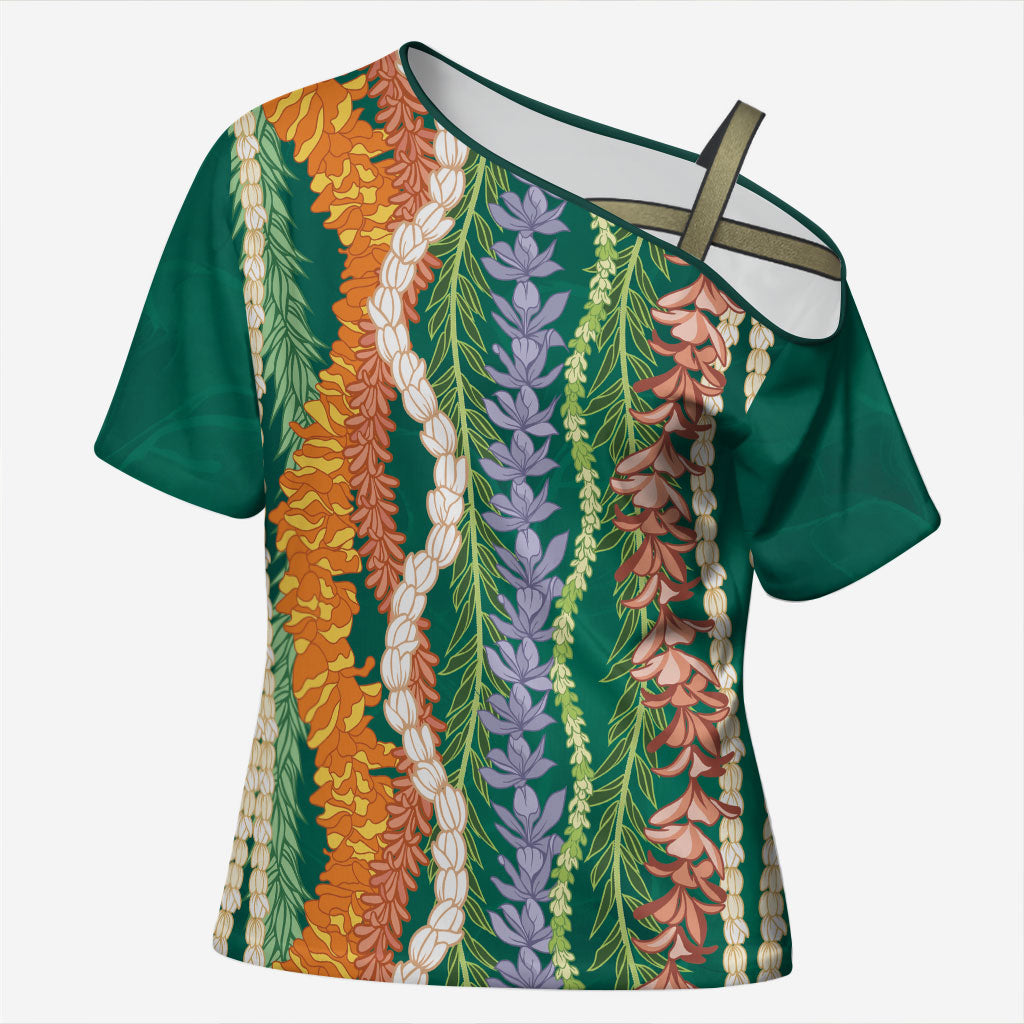 Mahalo Hawaii - Ka Pule a ka Haku Cross Shoulder Shirt Mixed Lei LT7 Female Sage Green - Polynesian Pride