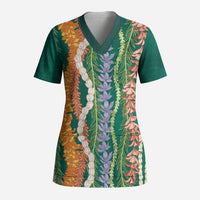 Mahalo Hawaii - Ka Pule a ka Haku Scrub Top Mixed Lei LT7 Adult Sage Green - Polynesian Pride