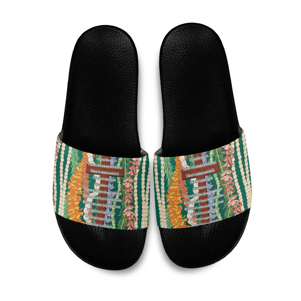 Mahalo Hawaii - Ka Pule a ka Haku Slide Sandals Mixed Lei LT7 Sage Green - Polynesian Pride
