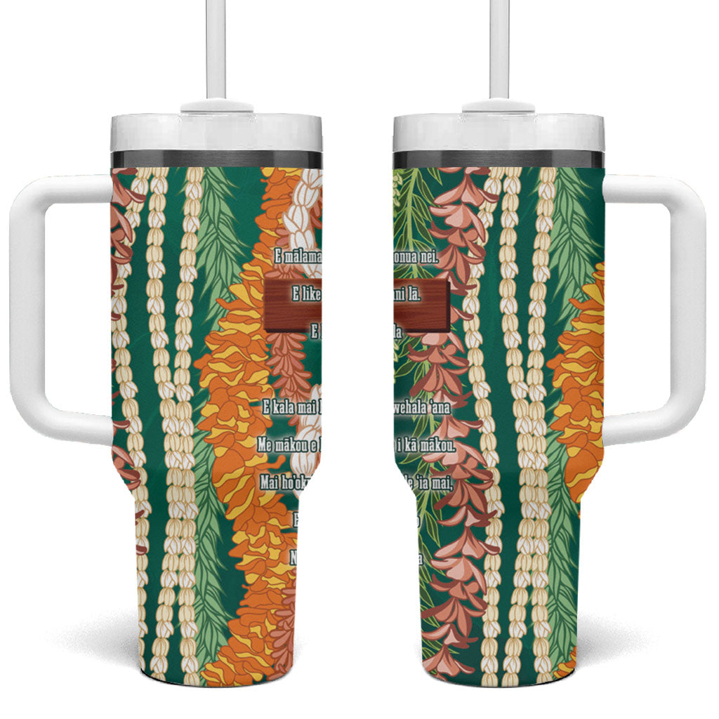 Mahalo Hawaii - Ka Pule a ka Haku Tumbler With Handle Mixed Lei LT7 One Size: 40 oz Sage Green - Polynesian Pride