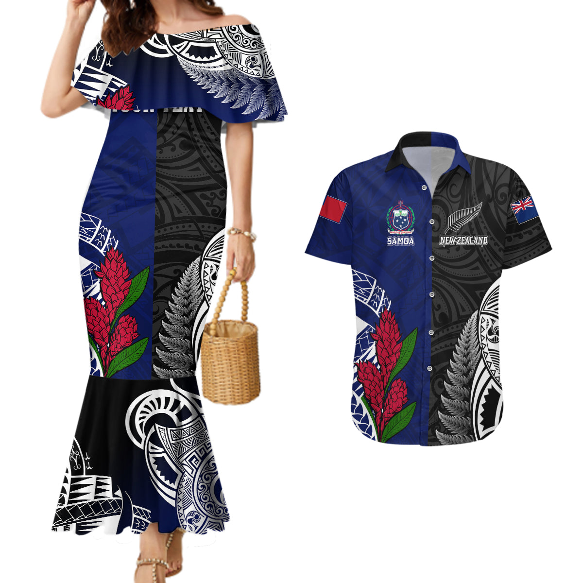 Personalised New Zealand Vs Samoa Rugby Couples Matching Mermaid Dress and Hawaiian Shirt Go Champions LT7 Black Blue - Polynesian Pride