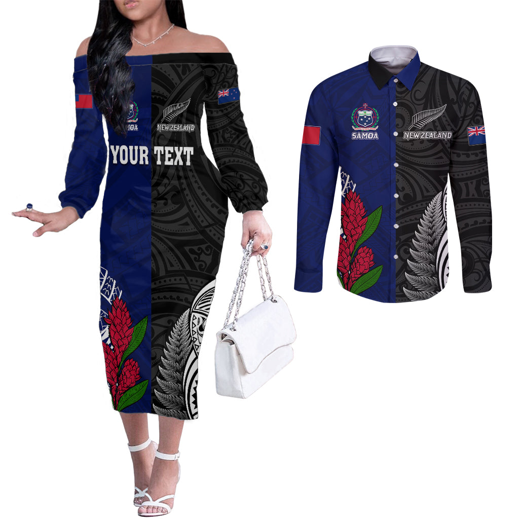 Personalised New Zealand Vs Samoa Rugby Couples Matching Off The Shoulder Long Sleeve Dress and Long Sleeve Button Shirts Go Champions LT7 Black Blue - Polynesian Pride