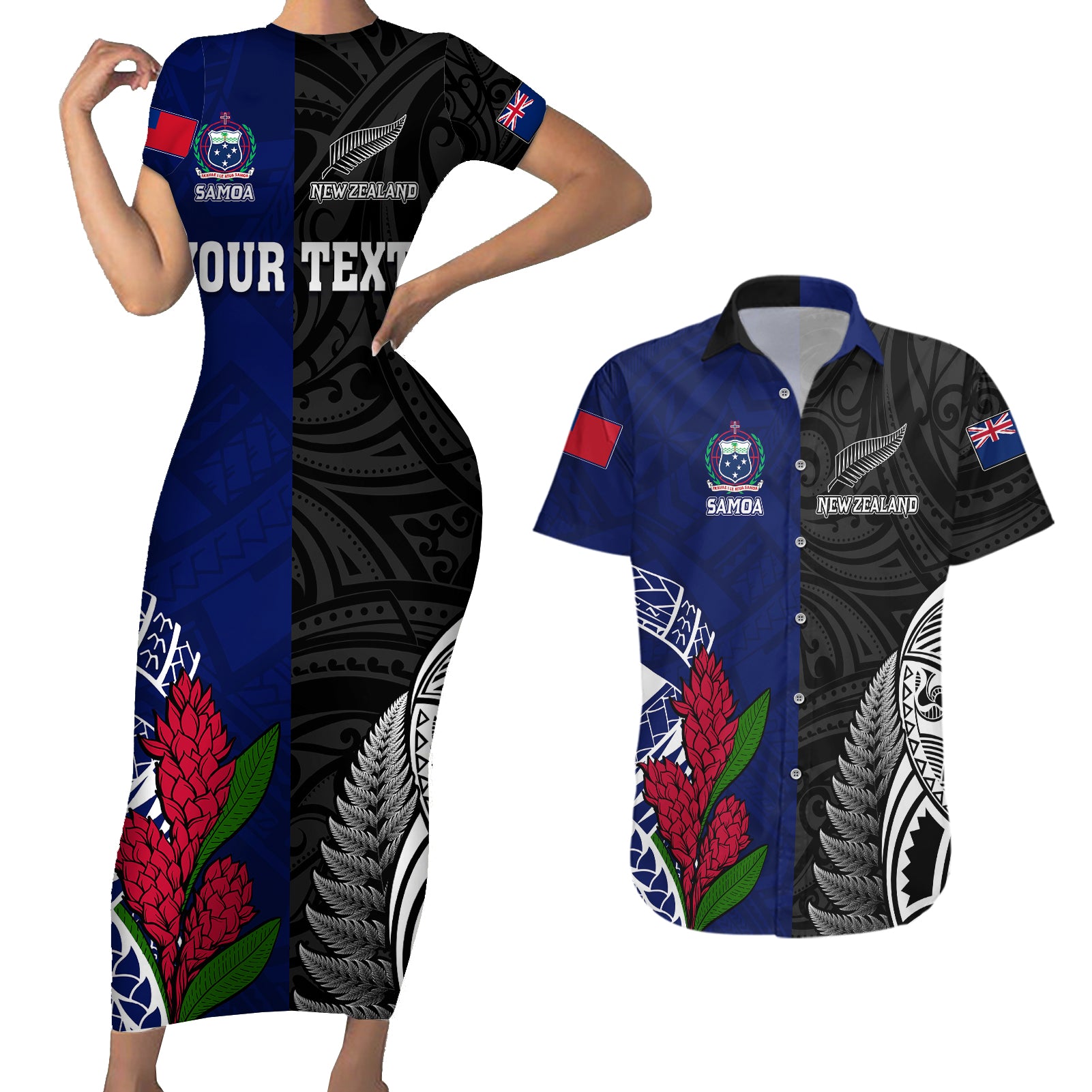 Personalised New Zealand Vs Samoa Rugby Couples Matching Short Sleeve Bodycon Dress and Hawaiian Shirt Go Champions LT7 Black Blue - Polynesian Pride