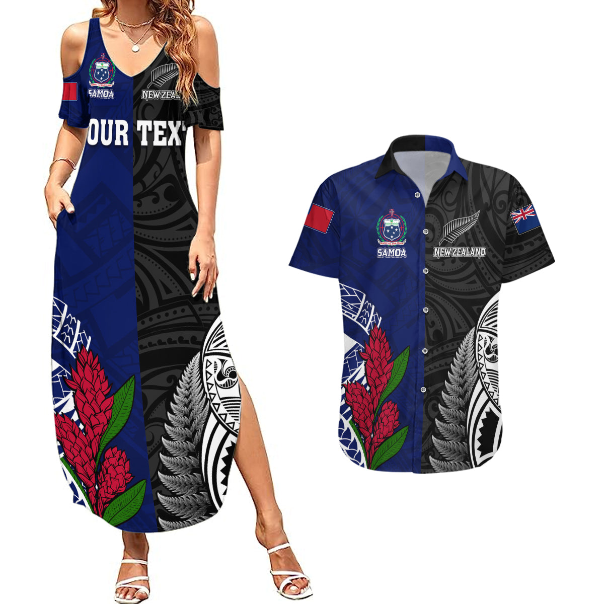 Personalised New Zealand Vs Samoa Rugby Couples Matching Summer Maxi Dress and Hawaiian Shirt Go Champions LT7 Black Blue - Polynesian Pride