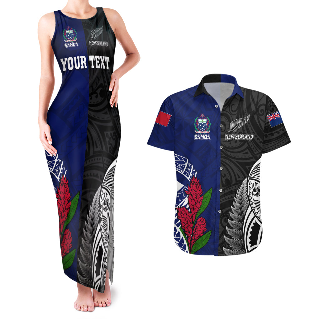 Personalised New Zealand Vs Samoa Rugby Couples Matching Tank Maxi Dress and Hawaiian Shirt Go Champions LT7 Black Blue - Polynesian Pride