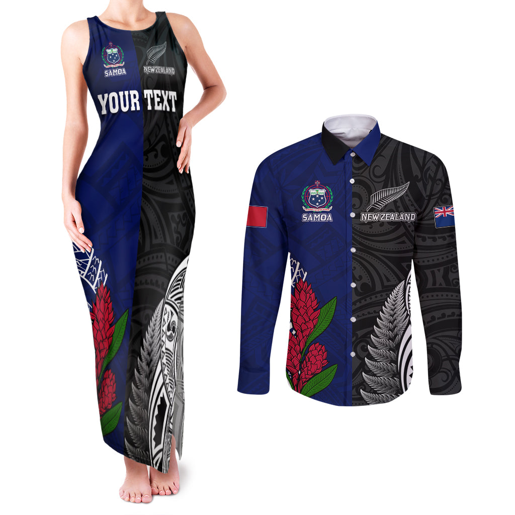 Personalised New Zealand Vs Samoa Rugby Couples Matching Tank Maxi Dress and Long Sleeve Button Shirts Go Champions LT7 Black Blue - Polynesian Pride