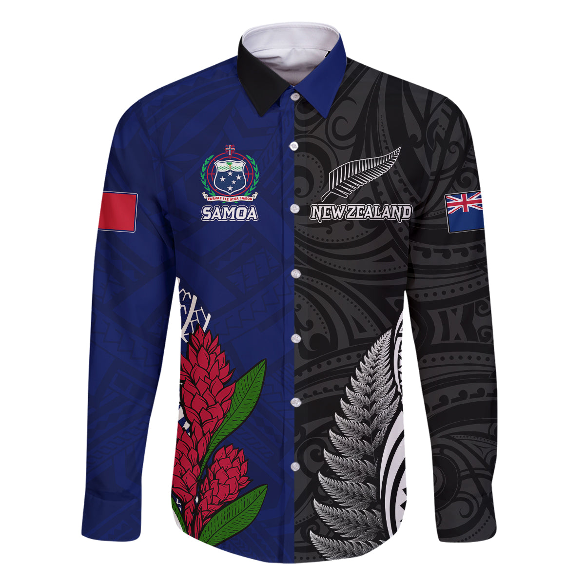 Personalised New Zealand Vs Samoa Rugby Family Matching Mermaid Dress and Hawaiian Shirt Go Champions LT7 Dad's Shirt - Long Sleeve Black Blue - Polynesian Pride