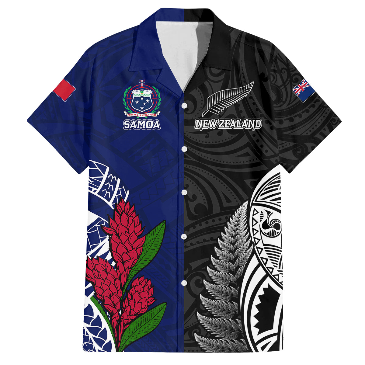 Personalised New Zealand Vs Samoa Rugby Family Matching Off Shoulder Maxi Dress and Hawaiian Shirt Go Champions LT7 Dad's Shirt - Short Sleeve Black Blue - Polynesian Pride