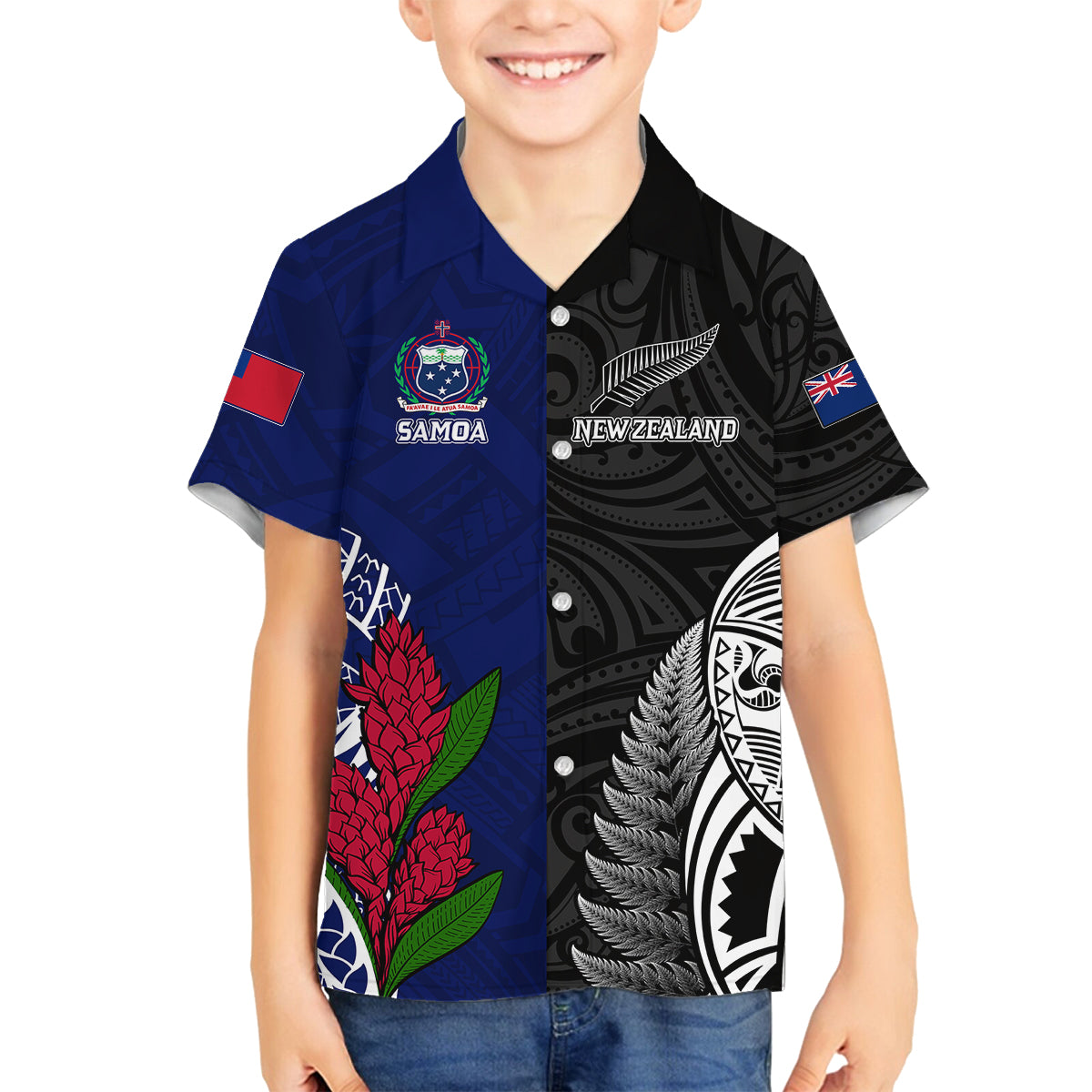 Personalised New Zealand Vs Samoa Rugby Family Matching Summer Maxi Dress and Hawaiian Shirt Go Champions LT7 Son's Shirt Black Blue - Polynesian Pride