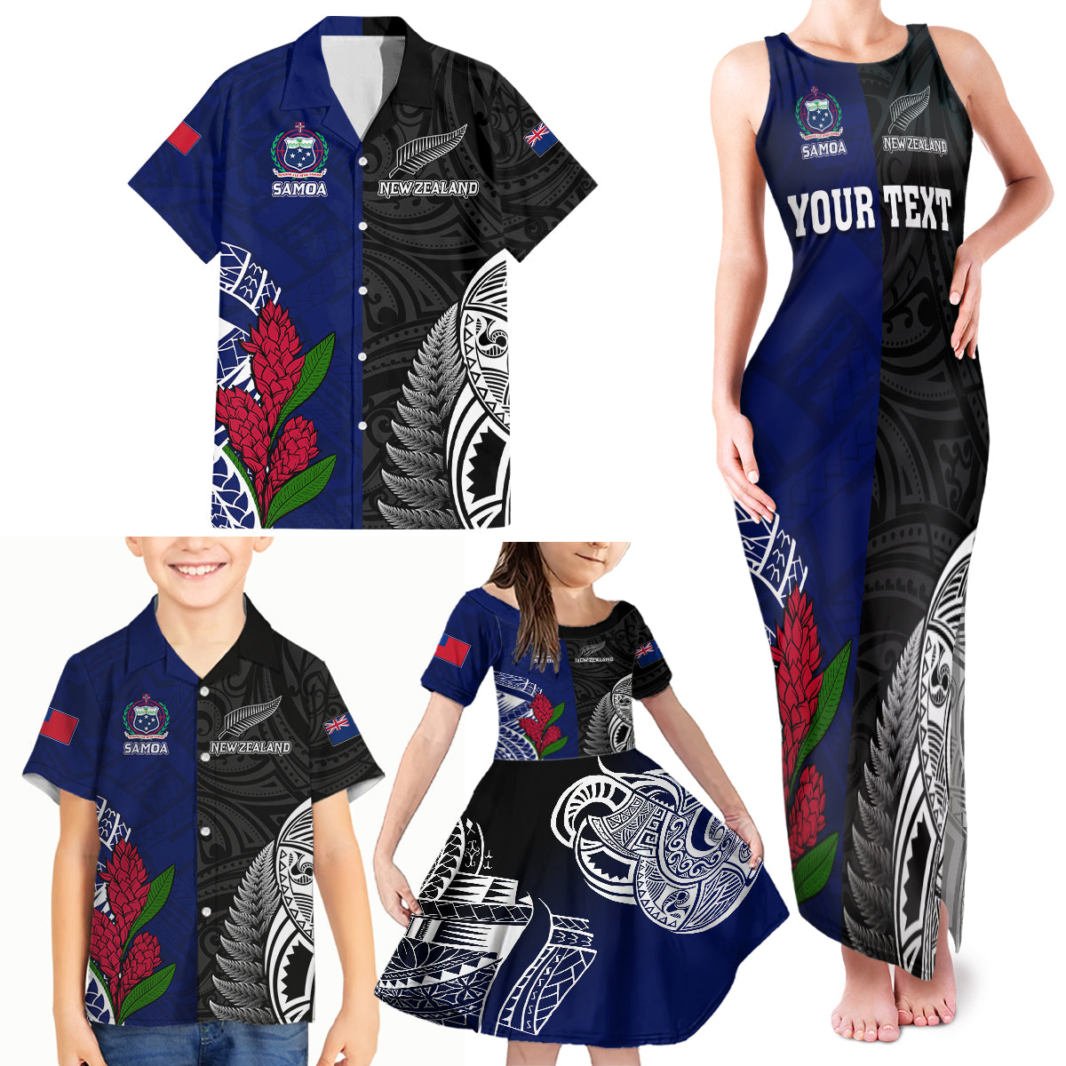 Personalised New Zealand Vs Samoa Rugby Family Matching Tank Maxi Dress and Hawaiian Shirt Go Champions LT7 - Polynesian Pride