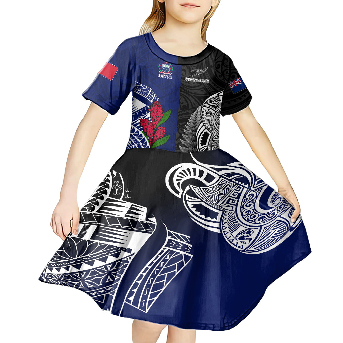 Personalised New Zealand Vs Samoa Rugby Kid Short Sleeve Dress Go Champions LT7 - Polynesian Pride