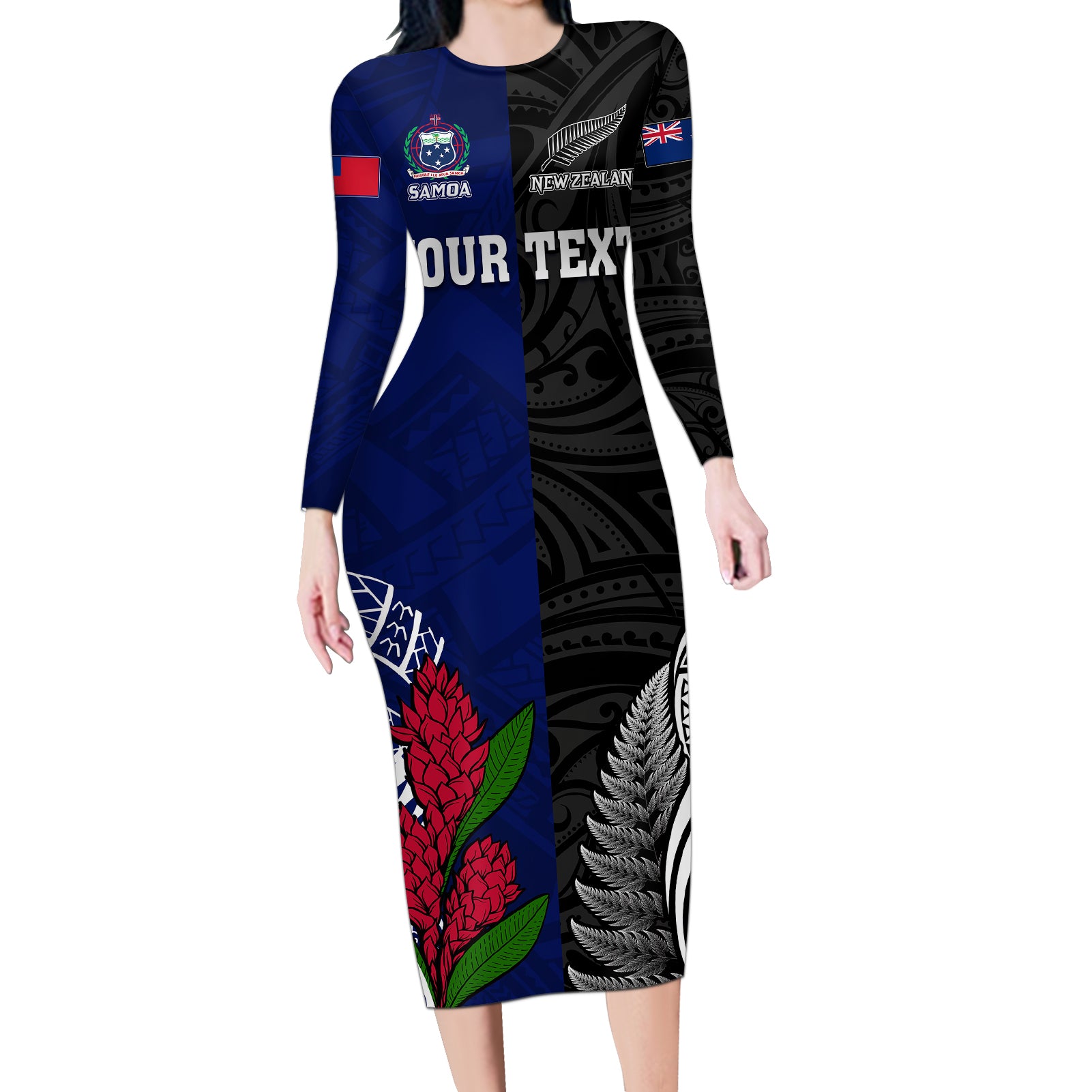 Personalised New Zealand Vs Samoa Rugby Long Sleeve Bodycon Dress Go Champions LT7 Long Dress Black Blue - Polynesian Pride