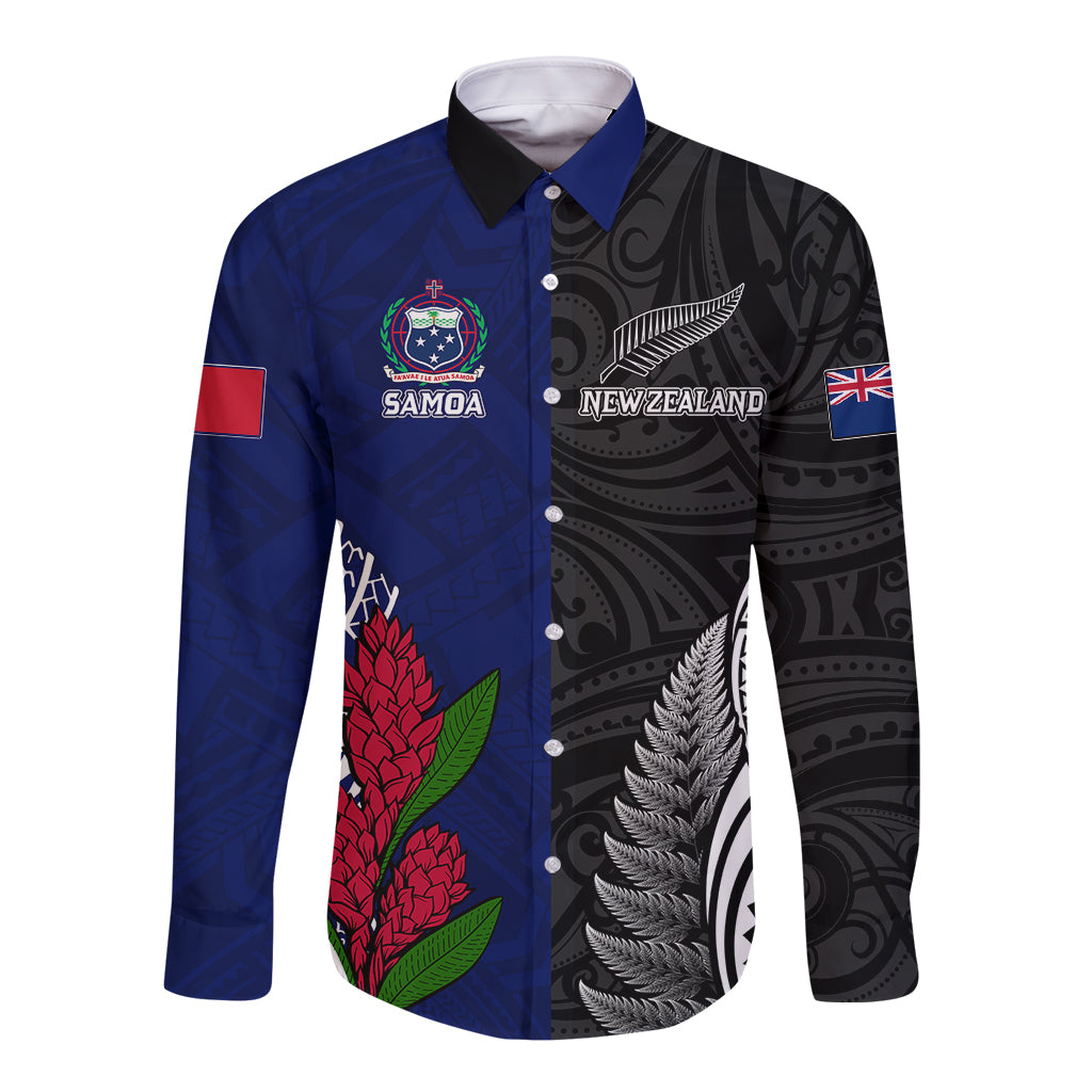 Personalised New Zealand Vs Samoa Rugby Long Sleeve Button Shirt Go Champions LT7 Unisex Black Blue - Polynesian Pride