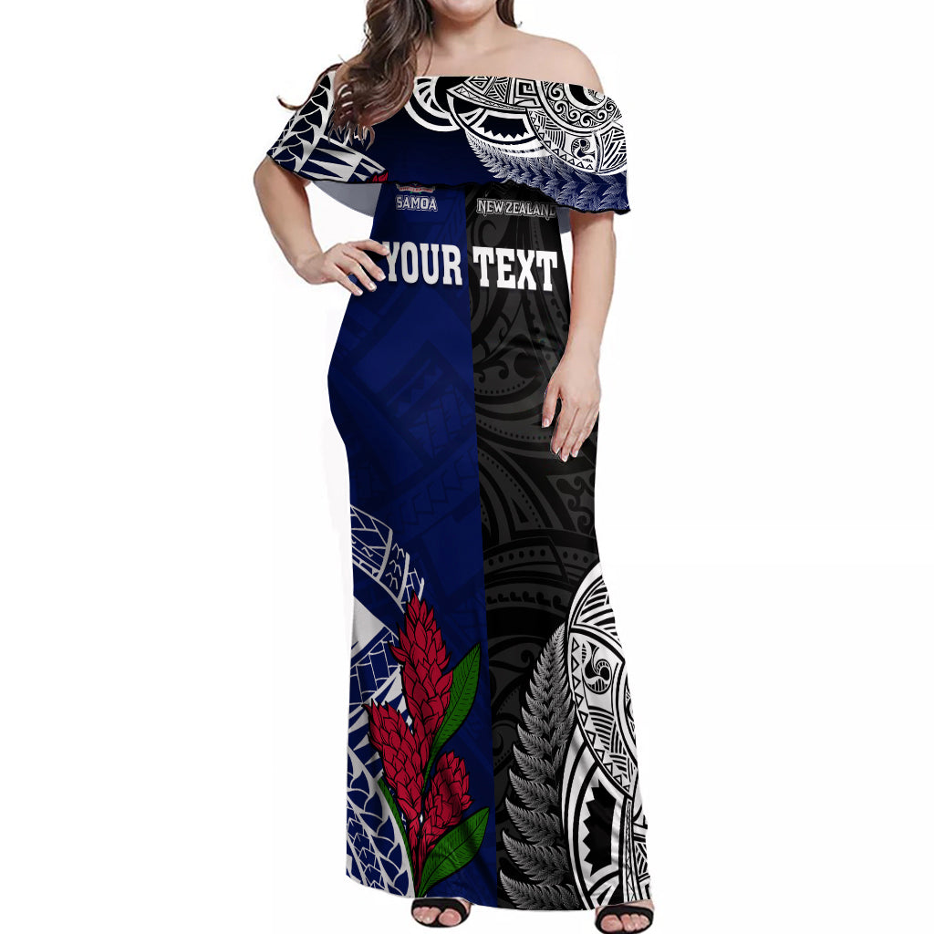 Personalised New Zealand Vs Samoa Rugby Off Shoulder Maxi Dress Go Champions LT7 Women Black Blue - Polynesian Pride