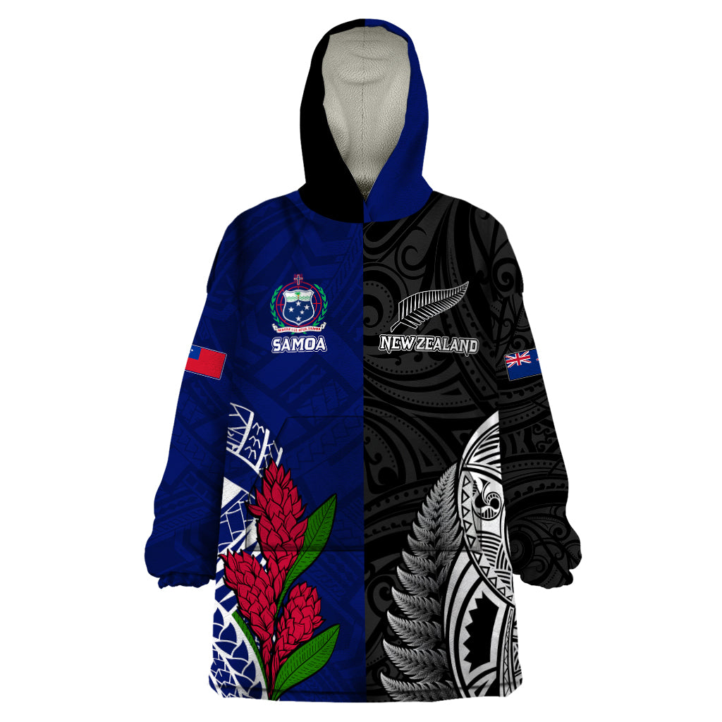 Personalised New Zealand Vs Samoa Rugby Wearable Blanket Hoodie Go Champions LT7 One Size Black Blue - Polynesian Pride