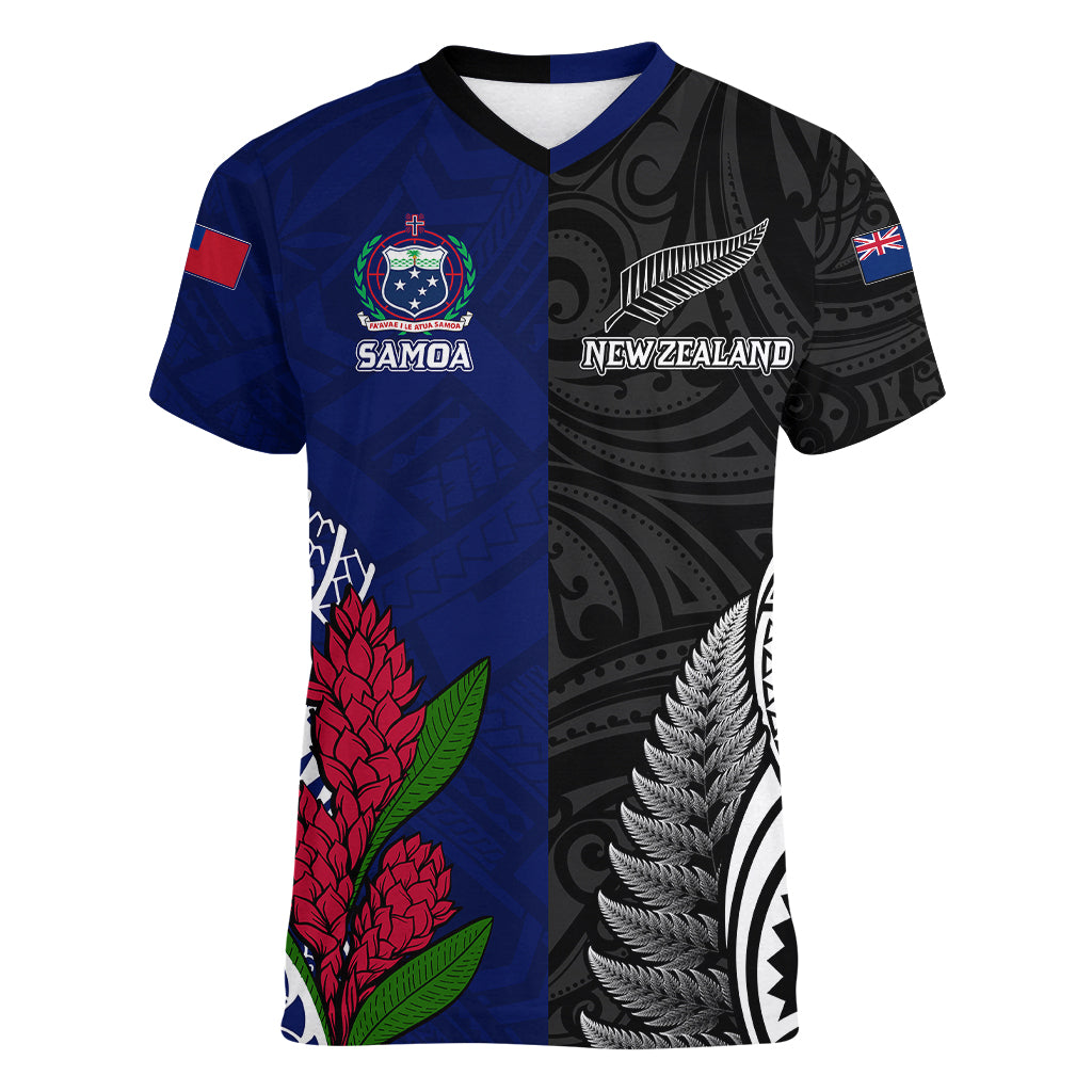 Personalised New Zealand Vs Samoa Rugby Women V Neck T Shirt Go Champions LT7 Female Black Blue - Polynesian Pride