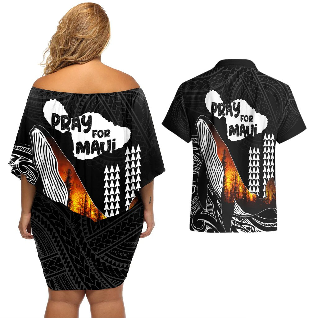 Hawaii Humpback Whale Couples Matching Off Shoulder Short Dress and Hawaiian Shirt Be Strong - Pray For Maui LT7 - Polynesian Pride