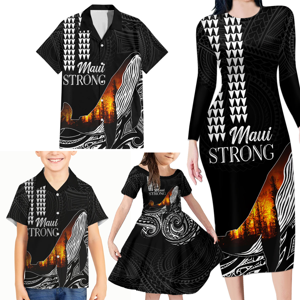 Hawaii Humpback Whale Family Matching Long Sleeve Bodycon Dress and Hawaiian Shirt Be Strong - Pray For Maui LT7 - Polynesian Pride