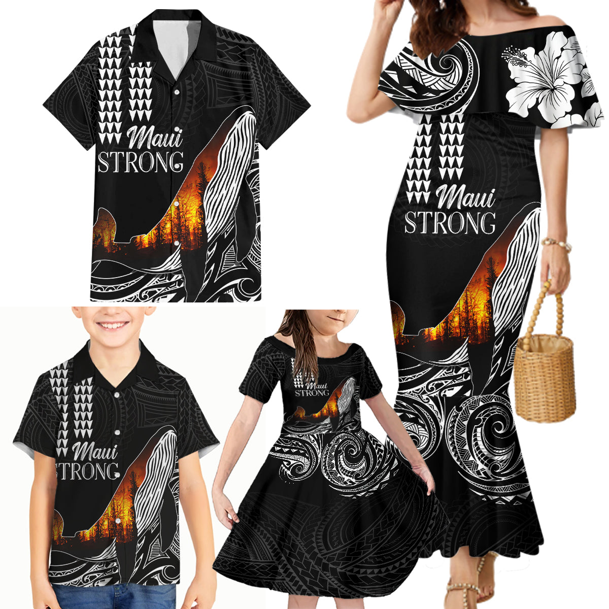 Hawaii Humpback Whale Family Matching Mermaid Dress and Hawaiian Shirt Be Strong - Pray For Maui LT7 - Polynesian Pride